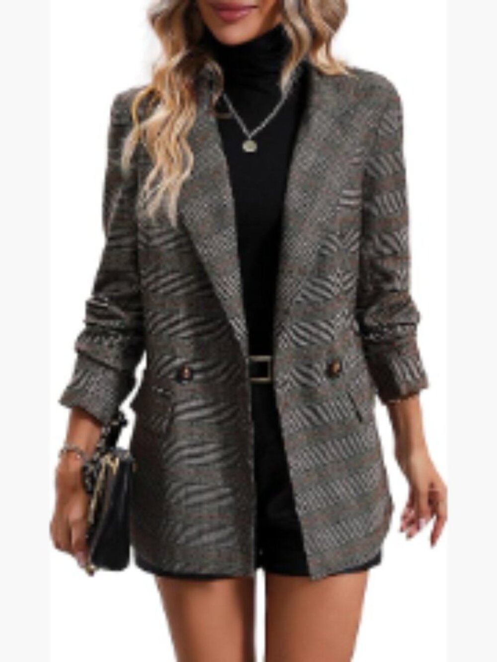Lightweight Fully Lined Plaid Houndstooth Blazer with Pockets
